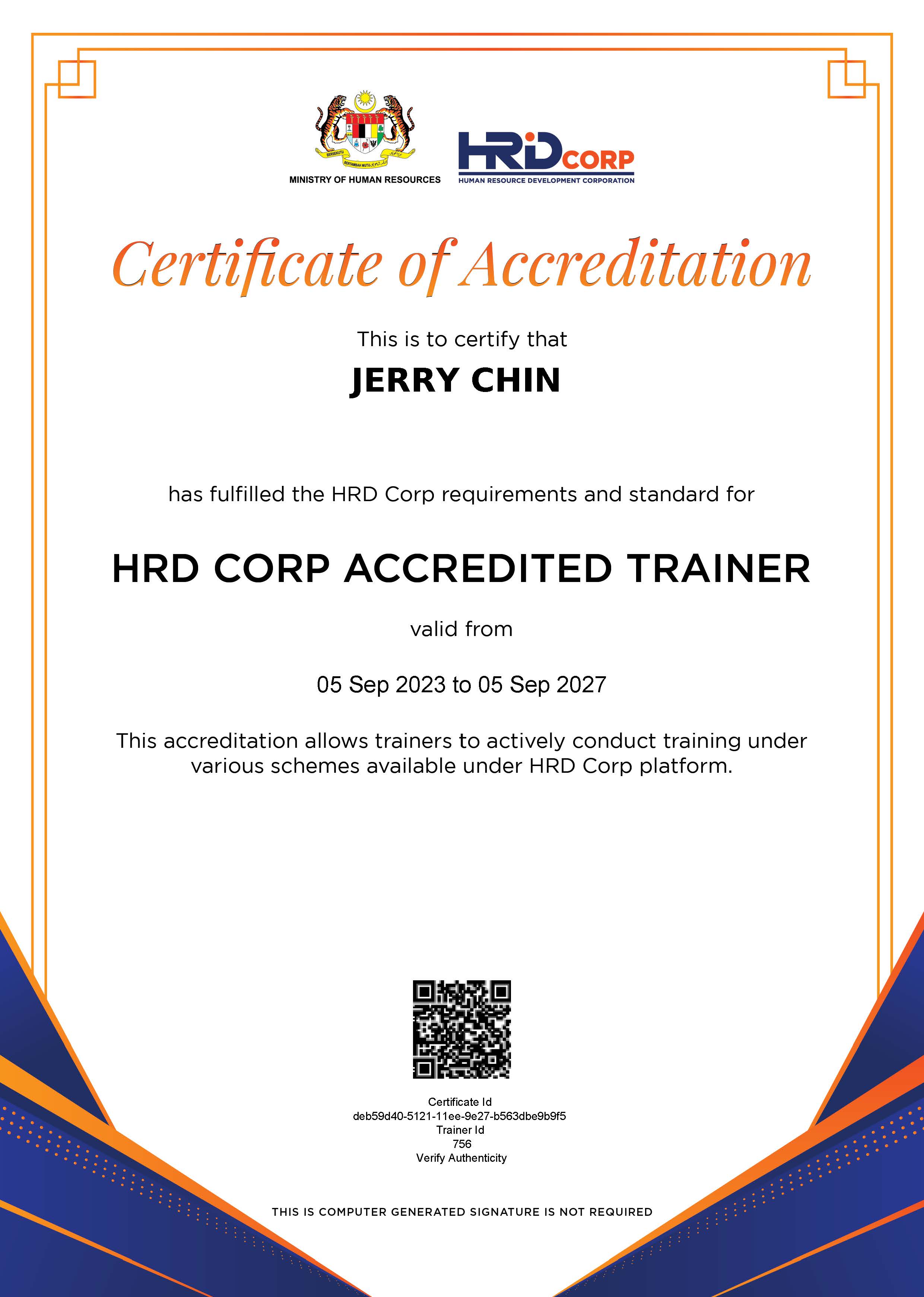 HRD Corp Certificate of Accreditation — Jerry Chin